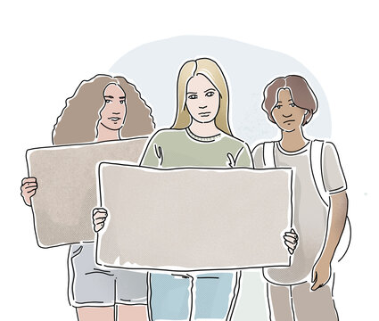 Protest 2025 - Female Empowerment, Demo, Frauen, Demonstration f&uuml;r Frauenrechte und Umweltschutz, Gender Pay Gap, Diversity, Hanzeichnung / Illustration