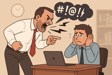 Angry boss shouting at a scared employee. Workplace bullying, harassment, and verbal abuse concept. An aggressive manager yelling at a worker in a toxic office environment.