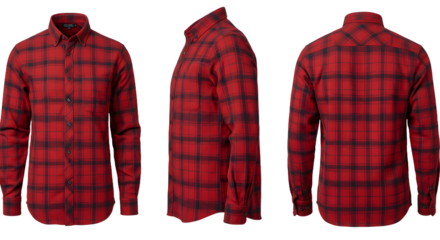 Stylish red plaid shirt displayed from multiple angles, showcasing fabric texture, ideal for casual wear and outdoor activities