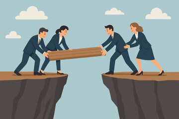 Business team building a bridge over a cliff gap, a metaphor for teamwork and collaboration. Partnership concept for connecting two sides and overcoming obstacles and challenges.