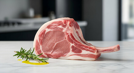 Raw Bone-In Pork Chop Garnished With Rosemary on Marble Surface