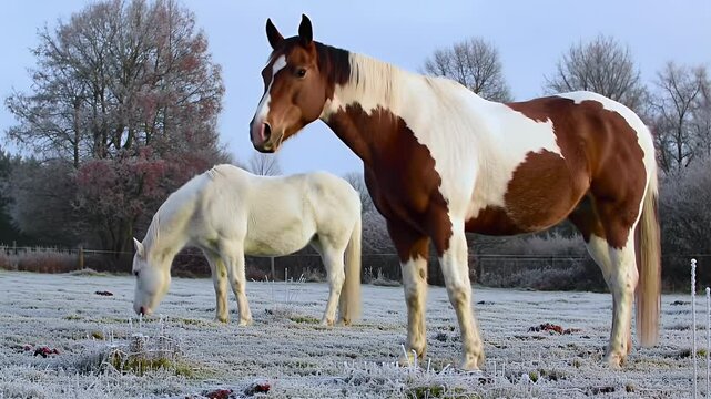 Two horses in a frosted field at sunrise