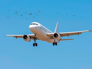 Obraz premium Airplane flying in clear blue sky, with birds soaring nearby, showcasing aviation technology and the beauty of flight in a serene environment