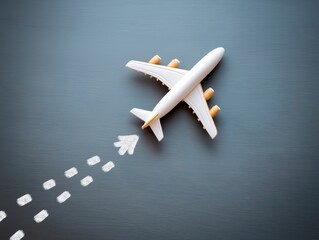 Airplane model on a dark surface with chalk-like flight path markings, symbolizing travel and adventure, evoking a sense of exploration and freedom in the skies