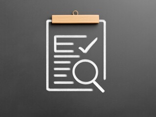 Checklist illustration with a wooden clip on a blackboard background, featuring a magnifying glass and checkmark, symbolizing organization and attention to detail in tasks and projects