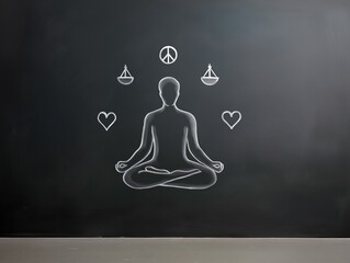 Silhouette of a meditating figure on a chalkboard background, surrounded by symbols of peace, love, and balance, representing mindfulness and inner harmony in a serene environment