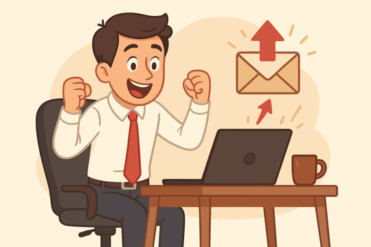 Happy office worker celebrating job promotion email, new career opportunity or higher salary offer, success at work, business achievement, excited employee at desk with laptop, vector illustration