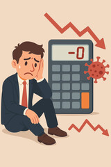 Financial crisis depression. Businessman stressed coronavirus pandemic. Economy downturn vector. Loss negative revenue chart. Calculation bankruptcy. Economic recession crisis impact illustration.