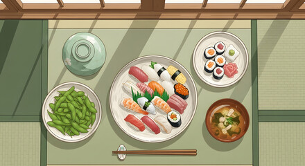 Elevated View of Sushi And Miso Soup Displaying Culinary Artistry