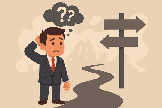 Confused businessman at crossroads deciding between career paths. Concept of uncertainty, business decision making, direction choice, ambiguous goals, professional dilemma vector illustration.