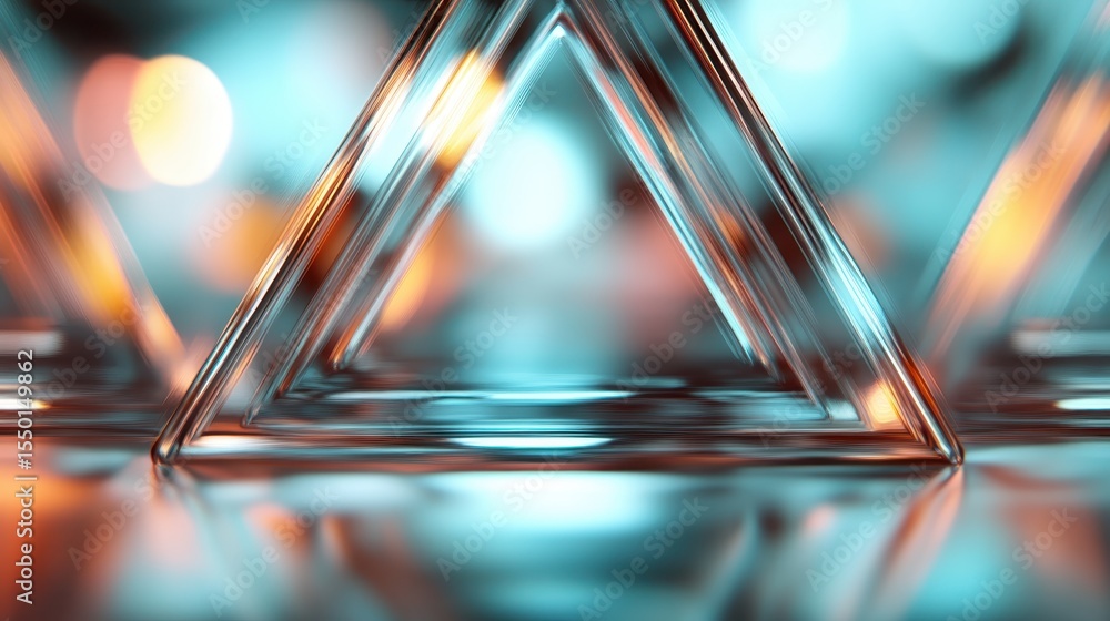 Poster a mesmerizing close-up of transparent triangular glass structures, reflecting vibrant light and colo