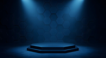 Dark blue octagonal platform with hexagon background