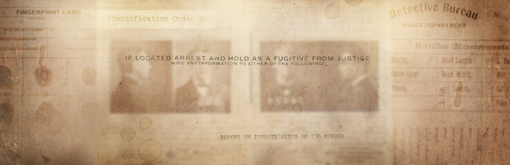 Newspaper clippings of crime news, police fingerprint are placed on a vintage background. Retro background on the theme of crime, police, detective, investigation.