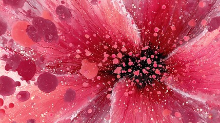 Vibrant abstract strawberry design blending reds and pinks in dynamic radial motion. Splatter accents, fuzzy seed textures and pastel blush background suggest sweet freshness without showing fruit.
