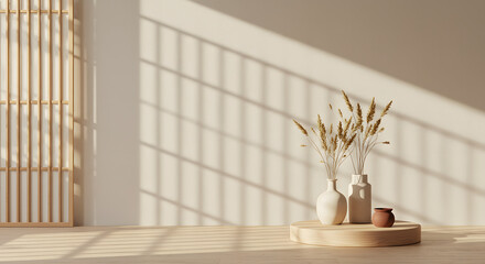 Minimalist Interior with Vases Pampas Grass and Sunlight Casting Shadows