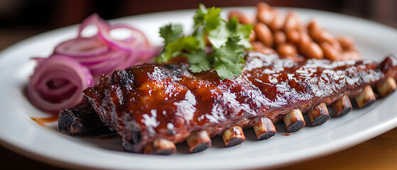 Grilled Ribs with Barbecue Sauce Served on a Plate with Onions and Beans