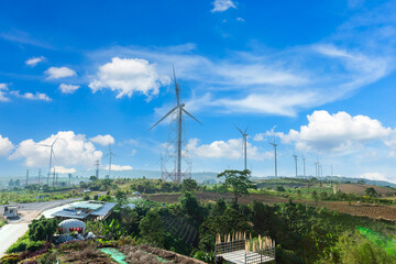 Wind turbines on hill in the khao kho park, Thailand. Clean energy, eco power energy, Green energy.