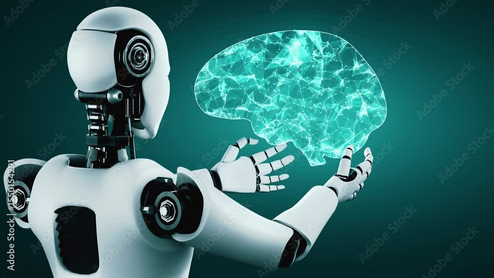 Poster ai hominoid robot holding virtual hologram screen showing concept of ai brain and artificial intelli