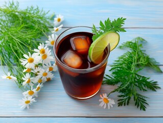 Refreshing beverage in a glass with ice cubes, garnished with lime and herbs, surrounded by fresh daisies and greenery, creating a vibrant and inviting summer drink scene