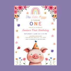 Cute Piggy Pink Floral Greenery Birthday Invitation