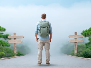 Individual standing at a crossroads in a foggy landscape, contemplating directions, with wooden signposts indicating different paths, symbolizing choices and decision-making in life