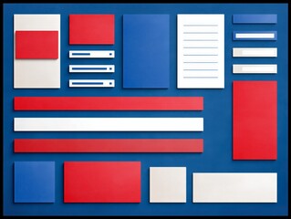 Colorful arrangement of red, white, and blue paper shapes and stationery items on a blue background, showcasing vibrant design elements for creative projects and presentations