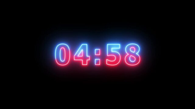 4K countdown animation, 5 minutes displays a timer counting down minutes and seconds black background.