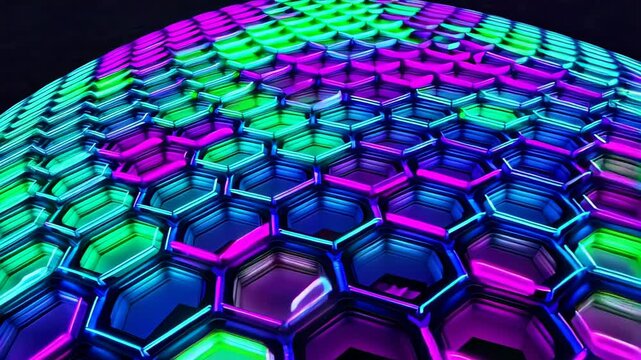 Hemispherical surface covered with glossy hexagonal cells, illuminated with gradient neon colors, against a dark background. Concept of futuristic architecture and technology