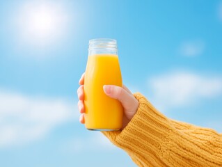 Hand holding a glass bottle of fresh orange juice against a bright blue sky, showcasing a refreshing beverage in a sunny outdoor setting with vibrant colors and cheerful atmosphere