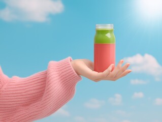 Hand holding a two-tone beverage jar with green and pink layers against a bright blue sky with fluffy clouds, showcasing refreshing drink concept and vibrant colors