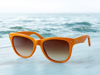 Stylish orange sunglasses resting on a wooden surface with a serene ocean backdrop, capturing the essence of summer vibes and beach relaxation for fashion enthusiasts