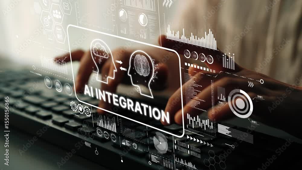 Poster futuristic concept of ai integration with digital graphics and human interaction over a keyboard. as