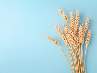Fototapeta premium Wheat stalks on light blue background
