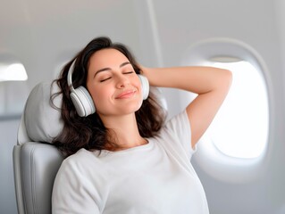 Young woman enjoying music with headphones while relaxing in an airplane seat, with a serene expression, creating a peaceful travel atmosphere and sense of comfort
