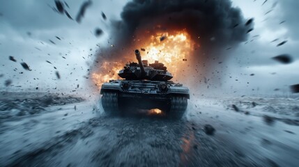 A powerful tank emerges from a cloud of dust and explosion in a dramatic warfare landscape, capturing the intensity and chaos of armed conflict in cinematic style.