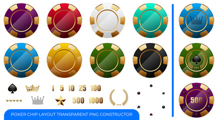 Casino poker chip constructor set with various colored chips, numbers, icons, and customizable elements. Transparent background PNG. For casino themes, gambling illustrations, and game interfaces
