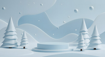 Minimalist winter scene with product display podium