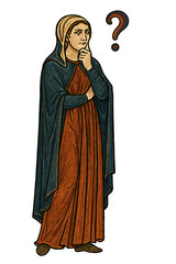 A woman with a thoughtful pose, a question mark above her head, symbolizes pondering or indecision. Medieval manuscript style, conceptual image. Isolated on transparent background.