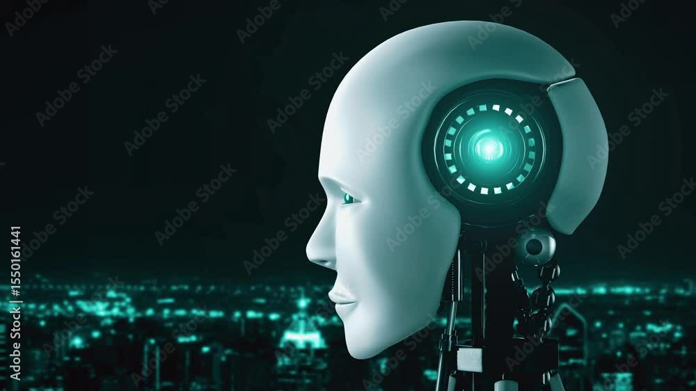 Poster internet connection controlled by ai robot huminoid and machine learning process to analyze data con
