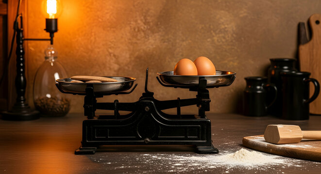 Balancing Act With Eggs And Old Scale In A Warm Kitchen Setting