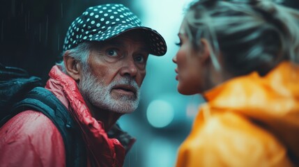 Obraz premium A tense moment captured between a man and a woman in rain-soaked urban surroundings communicates emotion and connection, highlighting the human experience amidst the storm.
