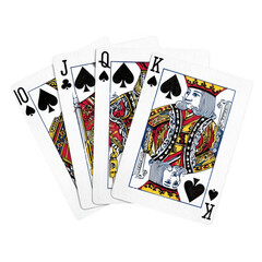 Four playing cards, ten, jack, queen, and king of spades, isolated on white background