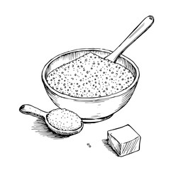 Brown Sugar Delight: A charming hand-drawn illustration showcases a bowl of brown sugar, a spoonful, and a sugar cube, rendered in a simple, black and white style.