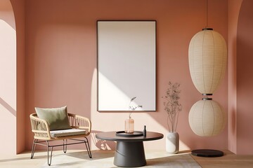 Modern minimalist living room with rattan chair and japanese lanterns