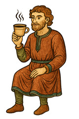 A man holds a coffee cup, symbolizing a break or a moment of relaxation. Medieval manuscript style, conceptual image. Isolated on transparent background.