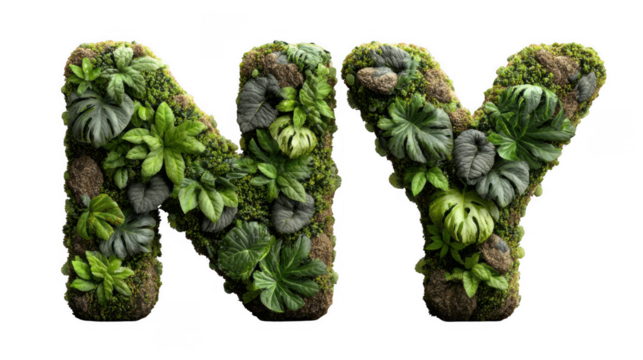 Ny letters formed with tropical plants and moss isolated on transparent background