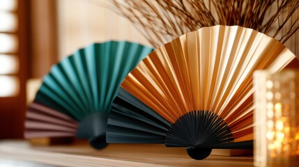 Two elegant folded fans in contrasting colors are displayed prominently, showcasing traditional craftsmanship and adding a touch of elegance to the interior space.