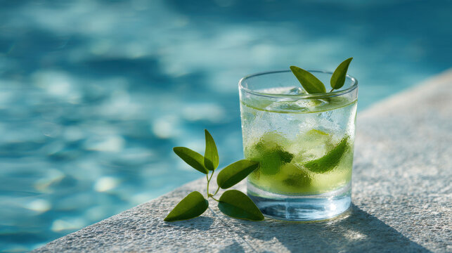 refreshing cocktail named forest bergamot garnished with green leaves elegantly placed near sparkling pool under