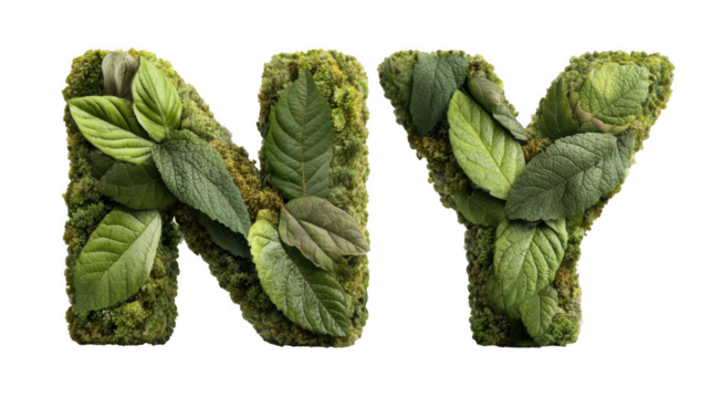 Ny letters made of mint leaves and moss isolated on transparent background