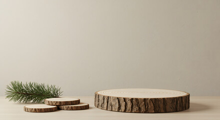 Wooden log slices and pine branch on light wooden table